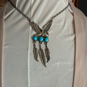 Silver Eagle Pendant Necklace with Turquoise Accents